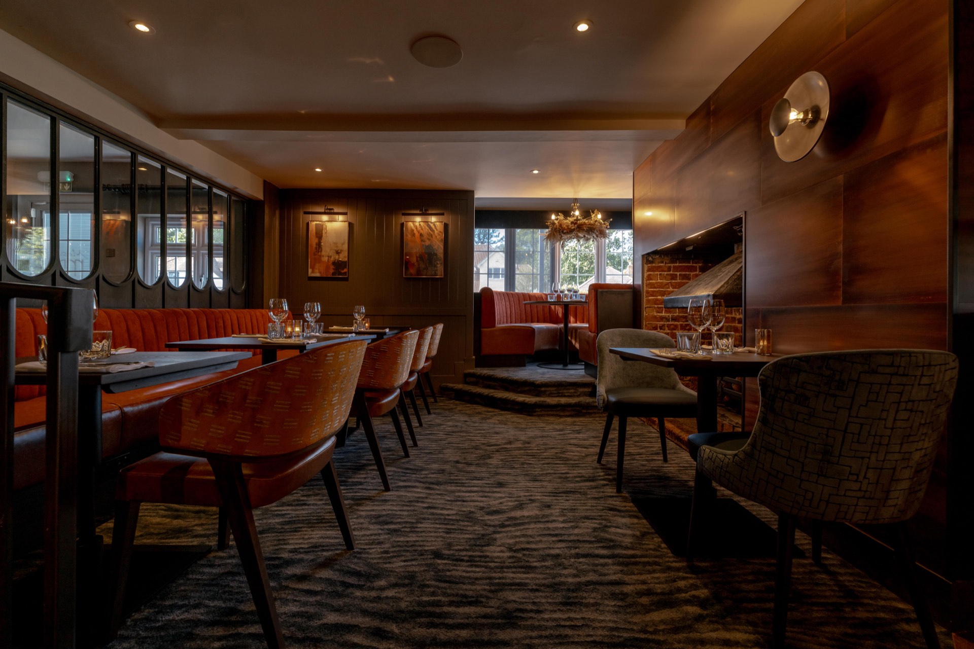 Orange and grey seating in the restaurant