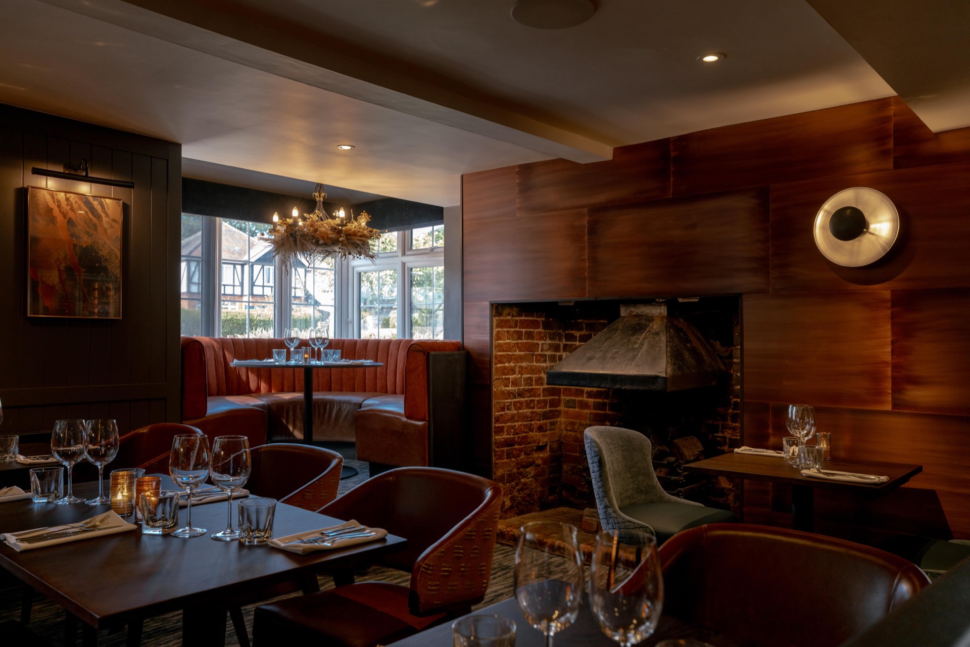 Leather seating beside the fireplace