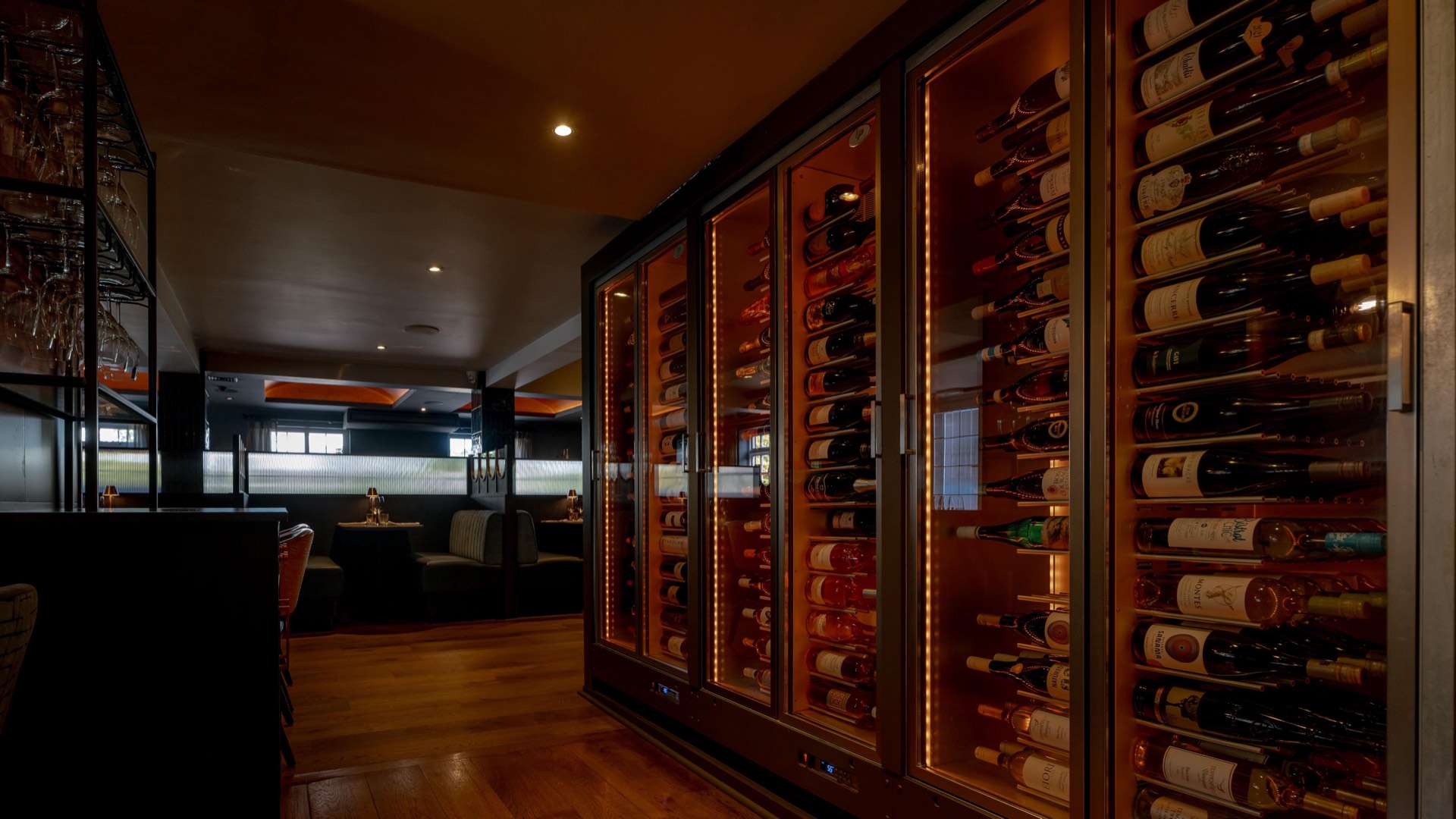 The glass wine cellar inside Mason's Restaurant