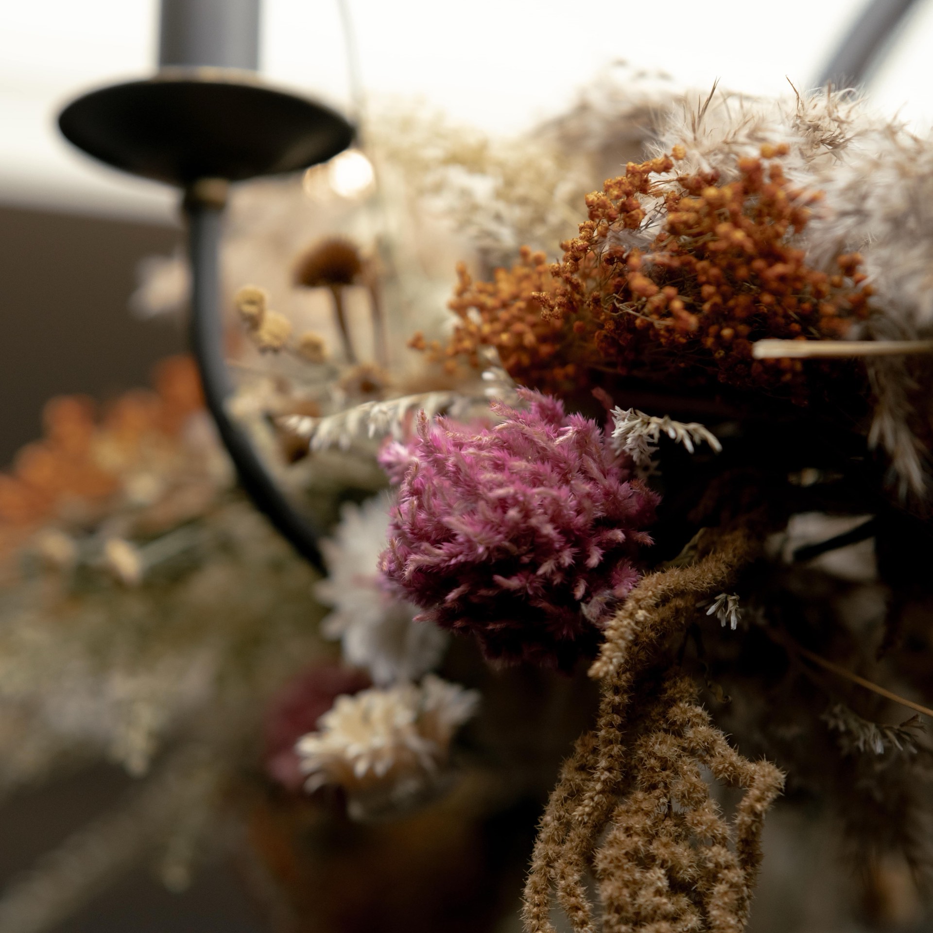 A close-up of dried flowers and foliage at Mason's