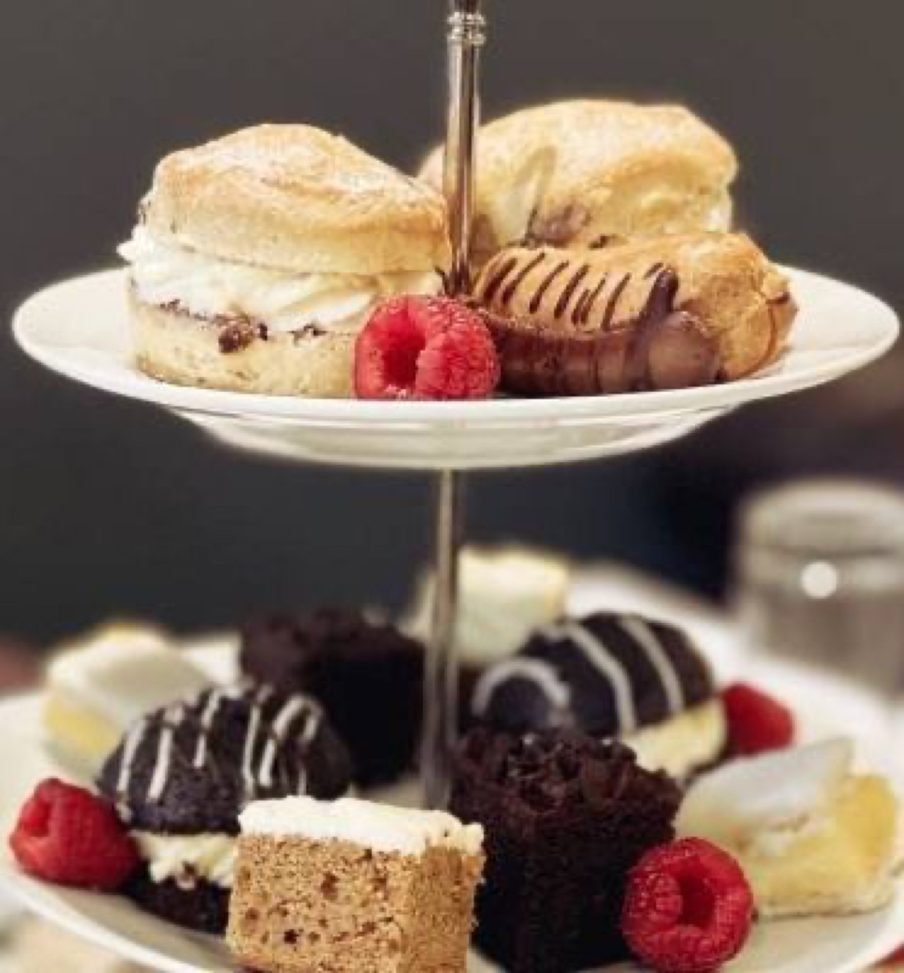 A two-tiered afternoon tea cake stand at Mason's